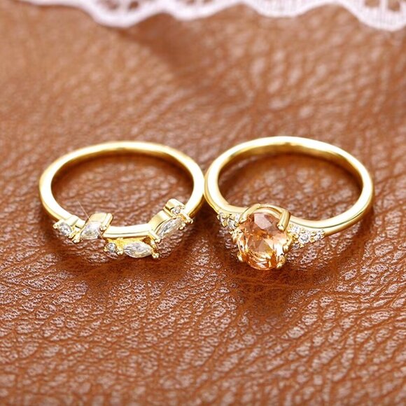 NEW 18k Yellow Gold Champagne Diamond Ring Oval Cut Ring Set of 2 Bands - Picture 3 of 4